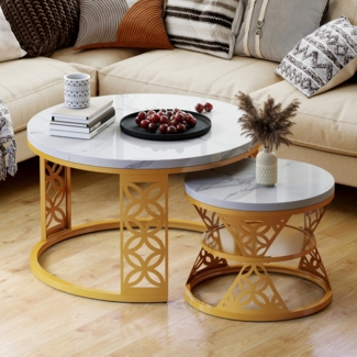 Couchtisch Moderne Nesting Satztisch, Sofatisch 2 -St. 70 x 70 x 45 cm + 45 x 45 x 37cm , Kontrastfarbendesign, Marmor Furnier