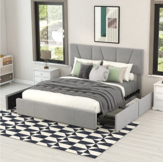 STILVORA Polsterbett 140×200 mit Schubladen,Jugendbett mit Lattenrost,ohne matratze (mit vier Schubladen auf zwei Seiten,Verstellbares Kopfteil, 140*200cm), Ohne Matratze