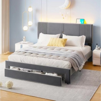 REDOM Polsterbett mit Lichtleiste und USB-Buchse,Doppelbett in Samtstoff (mit Rückenlehne und großer Schublade,geeignet für Erwachsene und Jugendliche, 160x200 cm), ohne Matratze