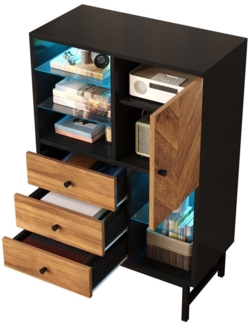 OKWISH Vitrine mit dreieckige Holzmaserung (Wohnzimmerschrank, Highboard, Aufbewahrungsschrank, Küchenschrank, 1-St, 1 Tür, 3 Schubladen, 5 offene Fächer) mit 12-farbigem LED-Lichtband
