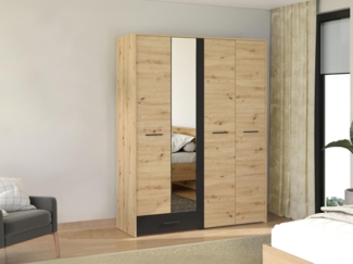 Vente-unique - Kleiderschrank mit 4 Türen & 1 Schublade - mit Spiegel - B158 cm - Natur & Schwarz - NIPOVA