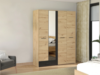 Vente-unique - Kleiderschrank mit 4 Türen & 1 Schublade - mit Spiegel - B158 cm - Natur & Schwarz - NIPOVA