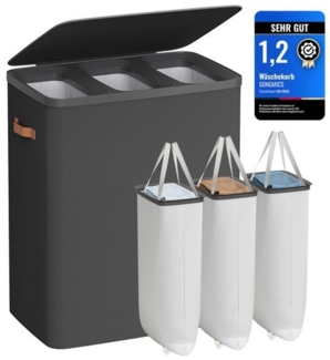 SONGMICS Wäschekorb, 190 L Wäschesammler 3 Fächer, Wäschetonne mit Deckel und Griffen, 64 x 40 x 75 cm, schwarz