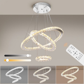 WILGOON Deckenleuchte LED Deckenlampe, LED Kristall Kronleuchter Oval Ring Pendelleuchte, Höhenverstellbar, LED fest integriert, warmweiß, neutralweiß, kaltweiß, mit Fernbedienung, 60+40+20 cm, für Wohnzimmer Schlafzimmer Restaurant