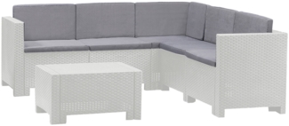 Dmora Loungeset für draußen Camerota, Outdoor-Lounge mit Couchtisch, Terrassenset mit Kissen, Gartenkomposition mit Sofa und Sesseln, Made in Italy, Weiß