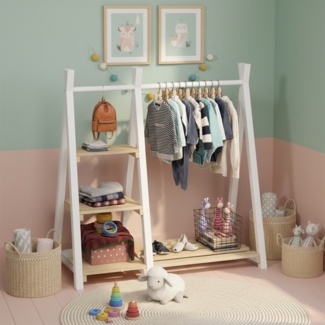 Bellabino 'Ryck' Tipi Kleiderstange mit 3 Regalen, Kiefer Massivholz, weiß/natur, 112x48x112 cm, Kindergarderobe mit Schuhablagefläche