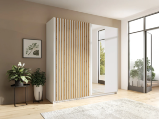 Vente-unique - Kleiderschrank mit 2 Schiebetüren - Mit Spiegel - 200 cm - Weiß & Holzfarben - TINDANIA