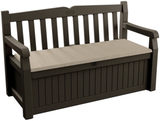 Dmora Aufbewahrungstruhe für draußen Chestermere, Gartenbox, Outdoor-Truhe, Stauraumbank für außen, 140x60 h84 cm, Braun und Beige
