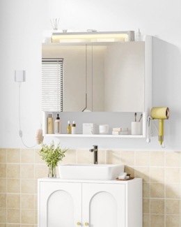 Spiegelschrank Bad mit Beleuchtung, Badezimmerschrank mit Spiegel, Wandschrank, Haartrockner-Halter und Haken, mit Stecker, Verstellbarer Etagen, Weiß, 16,5 x 70 x 75 cm