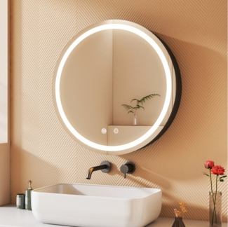 WDWRITTI Spiegelschrank mit Beleuchtung Badezimmer Schrank Schwarz Rund Ø60cm (LED Badezimmerspiegelschrank 60x60cm, mit 3000-6500K Licht) Helligkeit dimmbar, Speicherfunktion, Stahlregale, mit Netzadapter