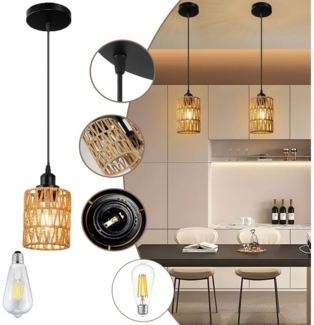 Jibenhome Pendelleuchte Boho Rattan Hängeleuchte 1/3-flammige, Deckenleuchten Wohnzimmer, mit 1 Glühbirne-Warmes Weiß, LED fest integriert, Boho Natur Wohnzimmer Esszimmerlampe