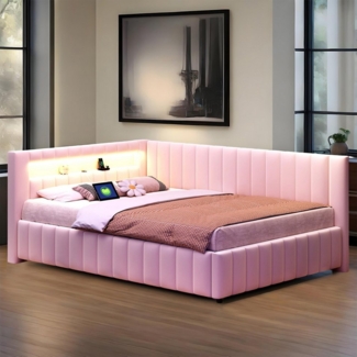 MODFU Polsterbett Kinderbett (140x200 cm mit LED-Lichtstreifen, USB-Ladeanschluss & L-förmigem Design, Polsterbett, Samtbezug, stabiler Lattenrost, Rückenlehne & Kopfteil), Ohne Matratze