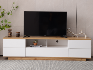 Moderner Farbblock-TV-Schrank in wei?er Ausfhrung, TV-Schrank mit Holzmaserung, 180 cm