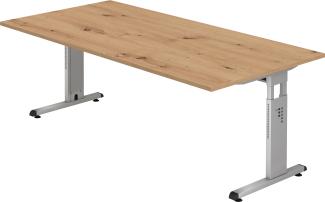 bümö® Schreibtisch O-Serie höhenverstellbar, Tischplatte 200 x 100 cm in Asteiche, Gestell in silber