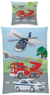 Kinderbettwäsche mit Feuerwehr & Polizei Motiv für Jungen 135x200 80x80 cm aus 100% Baumwolle