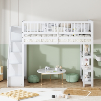 Multifunktionales Hochbett Weiß 90x200 Mit Kleiderschrank Regalen Stauraum Massivkiefer Sicherheitsgeländer 120kg Tragkraft Kinderzimmer Jugendzimmer