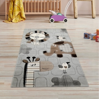 TeppichHome24 Kinderteppich Kinderteppich Zootiere grau, rechteckig, Höhe: 13 mm