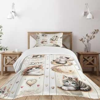 Abakuhaus Tagesdecke Set mit Kissenbezügen Waschbar, Katze Vintage Themenmuster mit Kätzchen