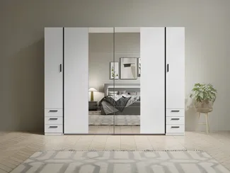 Vente-unique - Kleiderschrank mit 6 Schubladen & 4 Türen - Mit Spiegel - 270 cm - Weiß - ARVOLIA