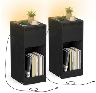 VASAGLE Nachttisch 2er Set, schmal, Beistelltisch, LED-Beleuchtung, 1 USB-A-Anschluss, 1 USB-C-Anschluss, Schublade, offenes Fach, für Schlafzimmer, Wohnzimmer, ebenholzschwarz LETDE710B01