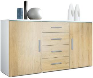 Sideboard Kommode Faro, Korpus in Weiß matt / Front in Eiche Natur (139 x 72 x 35)