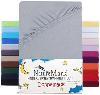 NatureMark 2er Pack Kinder JERSEY Spannbettlaken, Spannbetttuch 100% Baumwolle in vielen Größen und Farben MARKENQUALITÄT ÖKOTEX STANDARD 100 | 70x140 cm - silber grau