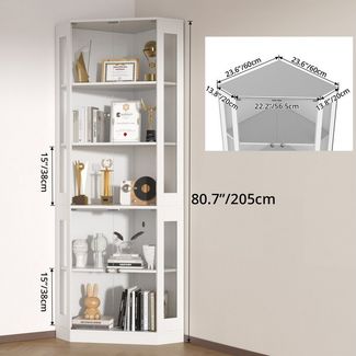 VOWNER Eckschrank 205 cm Beleuchtete Vitrine mit Glastüren, 5-stöckiges Eckregal (1-St) mit 3 Farblichtern & Bewegungssensor für Sammlerstücke, Bücher
