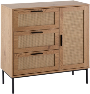 Kommode 80x82x36 cm Flurkommode Eiche-Dekor & Rattan, Sideboard mit drei Schubladen und Tür, Kommodenschrank Modern, Standschrank Anrichte Schubladenkommode