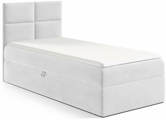 MEBLINI Kinderbett mit Bettkasten MINO 3 90x200 Links – H3/Hellgrau Samt Gepolstert Einzelbett mit Matratze - Polsterbett mit Stauraum - Bett mit Kopfteil – Stauraumbett