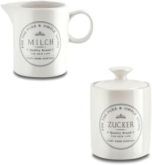 KHG Milchkännchen Zuckerdöschen Set Kapazität je 200 ml, Steingut Keramik Landhaus Vintage Stil Zierschrift, präziser Ausgießer, Henkelgriff, ideal für den Kaffee- und Tee-Service