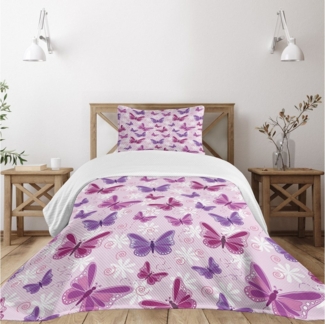 Abakuhaus Tagesdecke Set mit Kissenbezügen Waschbar, Hippie Schmetterlinge Fairy Farben