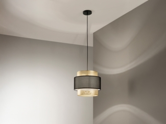 LED Hängelampe einflammig, Metall Gold mit Stoffblende Schwarz, Ø 35cm