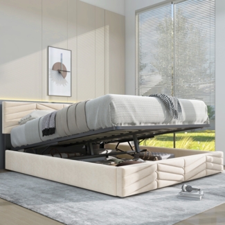 Polsterbett mit höhenverstellbarem Kopfteil,205.5*145.5*90-95 cm, Beige Stauraumbett