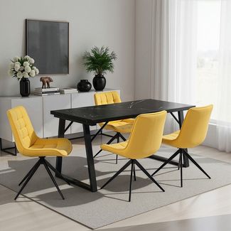 HOMAVO 5-Teiliges Esszimmerstühle, 140x75×80cm Metall& MDF Esstisch (Schwarz) mit 4 Stühlen (Gelb Stoff)