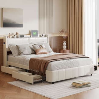 Polsterbett 140x200cm mit USB, Jugendbett Doppelbett mit 4 Schubladen, Stauraumbett Massivholzbett mit LED und Lattenrost, PU, Weiß