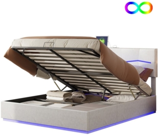 FUROKOY Boxspringbett 140x200 cm LED Doppelbett Stauraumbett Hydraulisches Polsterbett Beige (1-tlg),Farbwechselnde LED-Beleuchtung mit Fernbedienung), Kunstleder Funktionsbett mit Ladefunktion,Verstellbare Kopfteilhöhe