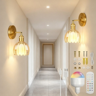 MUPOO Wandleuchte Retro Wandleuchte Innen,Led Gold Wandlampe Vintage mit Schalter E26/27, Kabellose,mit Fernbedienung,Dimmbar,Wiederaufladbar/Batteriebetrieben