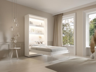 Vente-unique - Schrankbett + Matratze - 120 x 200 cm - Manuelle vertikale Öffnung - Mit LED-Beleuchtung - Weiß - RAPILI