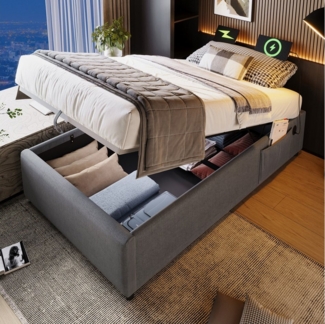 Ulife Polsterbett Funktionsbett, Struraumbett Hydraulisch mit Bettkasten (Ohne Matratze), Einzelbett 90×190 cm, mit USB- C, Seitentasche
