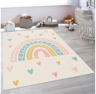 Paco Home Kinderteppich Nino 887, rechteckig, Höhe: 13 mm, Kurzflor, Spielteppich, Motiv Regenbogen & Herzen, Kinderzimmer