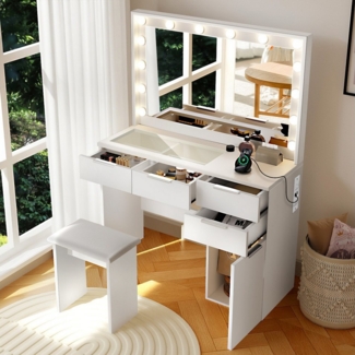 WILGOON Schminktisch mit LED Beleuchtung, Gehärtete Glasplatte,mit Stuhl /Ladefunktion (Schlafzimmermöbel Vanity Set, verstellbare dreifarbige Kosmetikspiegel mit 12 LEDs, Touch-Dimmen), Make-up Tisch mit 5 Schubladen und 2 Europäische Stecker +2 USB