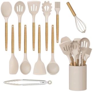 REDOM Kochbesteck-Set 12 teiliges Silikon Küchenutensilien Set mit Holzgriffen (BPA-frei hitzebeständig antihaftbeschichtet Kochgeschirr Zange Spatel, 12-tlg, Kochbesteck, Silikon und Holz), für Kochen Braten Schöpfen Mischen und Backen