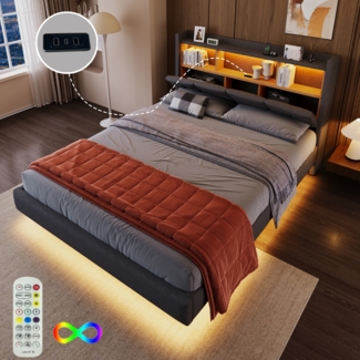 Merax Polsterbett, 140*200cm , ferngesteuerte Ambiente-Lichtleiste unter dem Bett, mit Flip-Top-Ablage, Kopfteil mit Ablage, usb+type-c, ohne Matratze, Grau