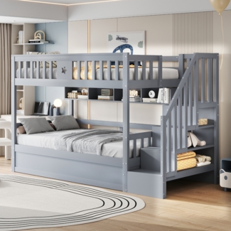 Merax Etagenbett, 90*200cm Jugendbett, Holzbett, Hochbett, Unterbett hydraulisch, Stauraumtreppe, Regale, Grau