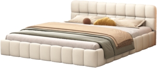 Bett 160x200 cm in beigem Leinenstoff mit Spitzenverzierung