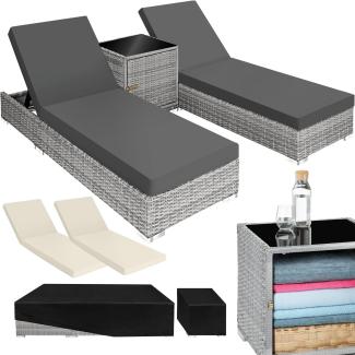 tectake 2er Lounge Sonnenliegen Set Plus Tisch – inkl. 2 Bezugsets und Schutzhülle, Outdoor Poly Rattan Gartenmöbel Set, 2X Gartenliege wetterfest - hellgrau