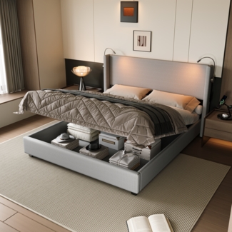 Gasdruckbett mit Cord-Bezug und LED-Beleuchtung, 140x200cm Grau