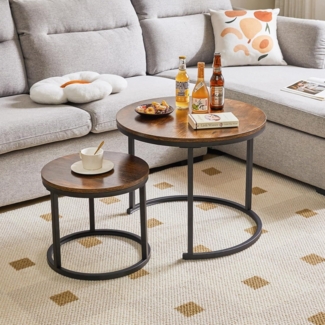 IBUYKE 2er Set Couchtisch Rund Vintagebraun Schwarz, Wohnzimmertisch Satztisch