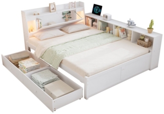 OKWISH Kinderbett Holzbett Stauraumbett (140x200 cm mit Stauraum, Kopfteil und integrierten Leuchten, Ladebuchse, seitliche Schränke & Schubladen, Paneelbett aus Kiefer, MDF & Spanplatte), Inklusive Matratze