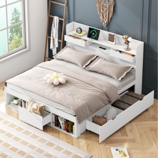 HAUSS SPOLE Holzbett 140x200 cm mit USB-port, Schubladen, Stauschrank, ohne Matratze, weiß (2 Schubladen,2 Stauschrank), mit USB-port, Schubladen und Stauschrank, ohne Matratze
